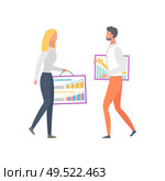 Professional collaboration at work, vector woman holding board with charts and graphs and man giving advices, business people achieving agreement isolated. Professional Collaboration, Vector Charts Graphs. Стоковая иллюстрация, агентство Ingram Publishing / Фотобанк Лори