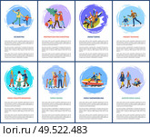 Hockey training, skiing and tubing, snowmobiling vector. Winter activities of family, snowman building, Christmas holidays preparation, kids on sleds. Hockey Training, Skiing and Tubing, Snowmobiling. Стоковая иллюстрация, агентство Ingram Publishing / Фотобанк Лори