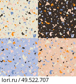 Collection of four terrazzo seamless pattern designs with hand drawn rocks. Abstract modern background, flat vector illustration. Стоковая иллюстрация, агентство Ingram Publishing / Фотобанк Лори