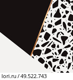 Terrazzo pattern design with hand drawn rocks, geometric shapes and golden line. Black and white abstract modern background, flat vector illustration. Стоковая иллюстрация, агентство Ingram Publishing / Фотобанк Лори
