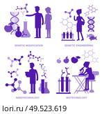 Detailed character men woman scientis, laboratory technician scientis looking through a microscope, Biotechnology scientis, genetic engineering scientis, nanotechnology. Selfie shots family and couples vector. Стоковая иллюстрация, агентство Ingram Publishing / Фотобанк Лори