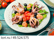 Fresh salad with calamari, salmon and vegetables.Asian salad. Salad squid with green and seafood. Стоковое фото, агентство Ingram Publishing / Фотобанк Лори