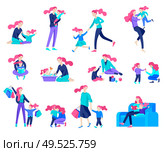 Vector people character. Mother and daughter spending time together, read a book and play, bathe the baby, walk and shopping. Colorful flat concept illustration.. Vector people character. Mother and daughter spending time together. Стоковая иллюстрация, агентство Ingram Publishing / Фотобанк Лори
