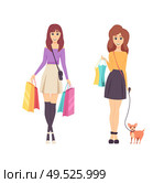 Shopping young women carrying lots of bags vector. Lady returning from shops with packages and bought items. Purchased in hands of girls, walking dog. Shopping Young Women Carrying Lots of Bags Vector. Стоковая иллюстрация, агентство Ingram Publishing / Фотобанк Лори