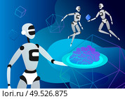 Concept of Artificial Intelligence and Cyber Monday, futuristic cyberpunk design, cyborgs work on surrealistic project, modern nano technology for website and mobile website. Landing page template. Concept of Artificial Intelligence and Cyber Monday, futuristic cyberpunk design, cyborgs work on surrealistic project. Стоковая иллюстрация, агентство Ingram Publishing / Фотобанк Лори