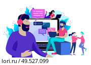 Concept Landing page template customer service, male hotline operator advises client, online global technical support, customer and operator. Concept Landing page template customer service, male hotline operator advises client. Стоковая иллюстрация, агентство Ingram Publishing / Фотобанк Лори