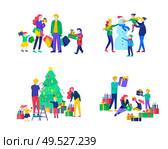 greeting card winter Holidays. Merry Christmas and Happy New Year. People Characters familydecorating Christmas tree, making snowman, preparing for celebrating, buying and give present, unpack gift. greeting card winter Holidays. Merry Christmas and Happy New Year Website. People Characters family with present decorating Christmas tree on background of interior. Стоковая иллюстрация, агентство Ingram Publishing / Фотобанк Лори
