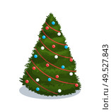 Christmas-tree decoration with colorful balls and red chaplet. Single fir-tree in flat style isolated on white. Holiday 3d greeting papercard vector. Tree Decoration Balls and Chaplet Vector Isolated. Стоковая иллюстрация, агентство Ingram Publishing / Фотобанк Лори