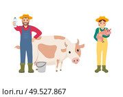Farmer with pig and cow set vector. Isolated icons with farmers and mammals, giving pork meat and milk beverages. Breeding people caring for animals. Farmer with Pig and Cow Set Vector Illustration. Стоковая иллюстрация, агентство Ingram Publishing / Фотобанк Лори