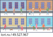 Wintertime mother and kid sitting on sledges set vector. Street with snowy weather snowfall and people walking resting city with buildings and snow. Wintertime Mother and Kid Sitting on Sledges Set. Стоковая иллюстрация, агентство Ingram Publishing / Фотобанк Лори
