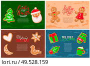 Holly jolly gingerbread man, Santa Claus cookie vector. Presents with bow shape, bird and stars, moon and heart, pine and mistletoe mitten and mug. Holly Jolly Gingerbread Man, Santa Claus Cookie. Стоковая иллюстрация, агентство Ingram Publishing / Фотобанк Лори