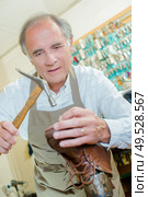 a cobbler is repairing a sole. Стоковое фото, агентство Ingram Publishing / Фотобанк Лори