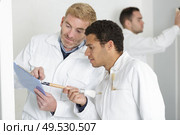 two professional factory painters workers looking documents. Стоковое фото, агентство Ingram Publishing / Фотобанк Лори