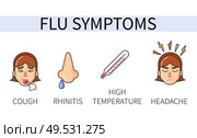 Poster girl feels cough and rinitis with high temperature and headache. Informational illustration about disease. Seasonal flu symptoms vector isolated. Information Poster Seasonal Flu Symptoms Vector. Стоковая иллюстрация, агентство Ingram Publishing / Фотобанк Лори