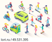 Ecotransport people using eco friendly cars and auto vector. Men and women riding bicycles and scooters to eliminate pollution of air, bikers with helmet, flat style. Ecotransport People Using Eco Friendly Cars Auto. Стоковая иллюстрация, агентство Ingram Publishing / Фотобанк Лори