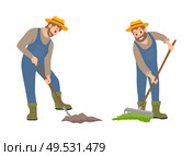 Farming people on land set vector. Isolated icons set, person with shovel cultivating land and man with rake spreading compost on soil. Farming works. Farming People on Land Set Vector Illustration. Стоковая иллюстрация, агентство Ingram Publishing / Фотобанк Лори