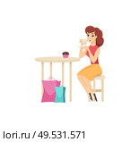 Female shopper tired from shopping, took pause to eat cake vector. Sweet dessert and coffee in mug, beverage and food. Woman with purchased paper bags. Female Shopper Tired from Shopping Eating Vector. Стоковая иллюстрация, агентство Ingram Publishing / Фотобанк Лори