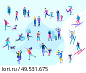 People dressed in winter clothes or outerwear performing outdoor activities fun. Snow festival, sledding and snowboard. Christmas family ski skating, making snowman, skiing wintertime extreme sport. People dressed in winter clothes or outerwear performing outdoor activities fun. Snow festival, sledding and snowboard. Christmas family ski skating, making snowman, skiing. Стоковая иллюстрация, агентство Ingram Publishing / Фотобанк Лори