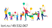 Happy Christmas Day Celebrating together happy. Group of cartoon people in Santa hats and children. Jump and throw gift. Merry Christmas and Happy New Year family character. Illustration, vector. Happy Christmas Day Celebrating together happy. Group of cartoon people in Santa hats and children. Jump and throw gift. Merry Christmas and Happy New Year family. Стоковая иллюстрация, агентство Ingram Publishing / Фотобанк Лори