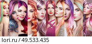 Beauty fashion collage girls with colorful dyed hair. Faces of women. Girl with perfect makeup and pink hairstyles. Стоковое фото, агентство Ingram Publishing / Фотобанк Лори