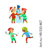 Christmas holidays, children building snowman vector. Snowball fight, winter game played by kids, wearing warm clothes. Fun of boy and girl child. Christmas Holidays, Children Building Snowman. Стоковая иллюстрация, агентство Ingram Publishing / Фотобанк Лори
