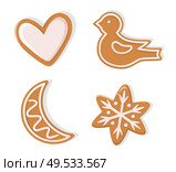 Winter holiday shapes of gingerbread vector. Christmas cookie figurines of heart and bird, moon and snowflake with pattern in flat style isolated on white. Winter Holiday Cookies Gingerbread Vector Isolated. Стоковая иллюстрация, агентство Ingram Publishing / Фотобанк Лори