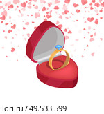 Wedding ring, romantic traditional surprise. Bridal circle with diamond in 3D style, card decorated by hearts. Element of making proposal to marry vector. Wedding Ring, Bridal Diamond in 3D Style Vector. Стоковая иллюстрация, агентство Ingram Publishing / Фотобанк Лори