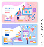 Online library and courses for students studies vector. Microscope and scientist discovering issues, laptop internet assistance, ebook and person reader. Online Library and Courses for Students Studies. Стоковая иллюстрация, агентство Ingram Publishing / Фотобанк Лори