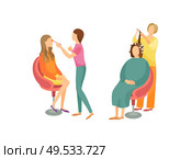 Spa salon visagiste and hairdresser set isolated icons vector. Woman making new hairstyle, wavy hair. Makeup of face, beautification of women clients. Spa Salon Visagiste and Hairdresser Set Vector. Стоковая иллюстрация, агентство Ingram Publishing / Фотобанк Лори