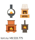 Fireplace with logs and fire flames isolated icons set vector. Contemporary home interior, stove made of metal and bricks, with chimney ventilation. Fireplace with Logs and Fire Flames Isolated Set. Стоковая иллюстрация, агентство Ingram Publishing / Фотобанк Лори
