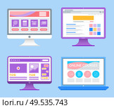 Online education monitors with information set vector. Internet pages with info, online courses platform for students to study in distance training. Online Education Monitors with Information Set. Стоковая иллюстрация, агентство Ingram Publishing / Фотобанк Лори