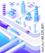 Smart city infrastructure transport and streets vector. Modern innovative cars and buses, train and skyscrapers with high top, benches and lanterns. Smart City Infrastructure Transport and Streets. Стоковая иллюстрация, агентство Ingram Publishing / Фотобанк Лори