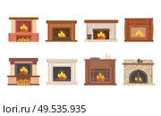 Fireplace home interior burning wood isolated icons set vector. Shelves with vase and decor, furnace made of stone and redbrick, stand and bucket. Fireplace Home Interior Burning Wood Icons Set. Стоковая иллюстрация, агентство Ingram Publishing / Фотобанк Лори