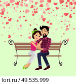 Valentine day hugging man and woman sitting on bench vector. Postcard decorated by red hearts, boyfriend embracing girlfriend. Fondness between people. Valentine Day, Hugging Couple on Bench Vector. Стоковая иллюстрация, агентство Ingram Publishing / Фотобанк Лори