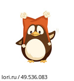 Cheerful standing penguin in funny hat with furry balls and waving hand. Animal in big red cap with pompons in flat style isolated on white vector. Penguin in Hat with Furry Balls Vector Isolated. Стоковая иллюстрация, агентство Ingram Publishing / Фотобанк Лори