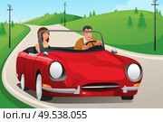 A vector illustration of happy couple riding a convertible car. Стоковая иллюстрация, агентство Ingram Publishing / Фотобанк Лори