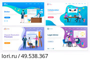 Broker and collaboration, dispute resolution processes and legal advice vector. Lawyer and judicial workers, graphics and laws on presentation board. Website or webpage template, landing page in flat. Dispute Resolution or Legal Advice, Broker Service. Стоковая иллюстрация, агентство Ingram Publishing / Фотобанк Лори