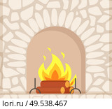 Stone fireplace with burning firewoods, granite bonfire hearth vector closeup. Luxury bonfire, flame and logs, white bricks, home interior furniture piece. Stone Fireplace Burning Firewoods, Granite Bonfire. Стоковая иллюстрация, агентство Ingram Publishing / Фотобанк Лори