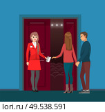 Cinema theatre vector, woman worker checking tickets of man woman. Couple on date, girlfriend with boyfriend going inside hall with screen film watching. Cinema Theatre, Woman Checking Tickets of Clients. Стоковая иллюстрация, агентство Ingram Publishing / Фотобанк Лори