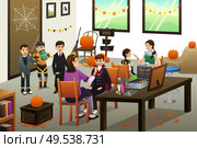 A vector illustration of happy kids lining up doing face painting during Halloween . Стоковая иллюстрация, агентство Ingram Publishing / Фотобанк Лори