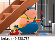 A vector illustration of plumber fixing a leaky water pipe. Стоковая иллюстрация, агентство Ingram Publishing / Фотобанк Лори