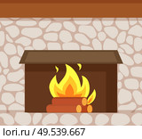 Burning fire, wooden logs and fireplace made of stone closeup vector. Flame in hearth at base of chimney, brick wall, home construction of decorative paving. Burning Fire, Wooden Logs, Fireplace Made of Stone. Стоковая иллюстрация, агентство Ingram Publishing / Фотобанк Лори