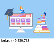 Online education woman reading book distant courses vector. Modern technologies, reader with printed publication and bookmarks, monitor with graduation hat. Online Education Woman Reading Distant Courses. Стоковая иллюстрация, агентство Ingram Publishing / Фотобанк Лори