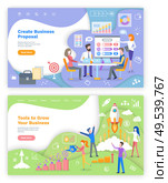 Tools to grow business and create proposal webpages vector. Peoples on meeting. Teamwork and brainstorming, income increase and development website template, landing page in flat. Create Proposal, Tools to Grow Business Web Pages. Стоковая иллюстрация, агентство Ingram Publishing / Фотобанк Лори