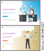 Online business, people using laptops and web to perform working activities vector. Businessman interacting with digital world and information data. Website or webpage template landing page in flat. Online Business, People Using Laptops and Web. Стоковая иллюстрация, агентство Ingram Publishing / Фотобанк Лори
