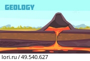 Geologist composition with flat scenery and profile view of underground of the volcano with magma flow vector illustration. Стоковая иллюстрация, агентство Ingram Publishing / Фотобанк Лори