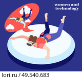 Women and technology isometric background girl with glasses of virtual reality flying in clouds vector illustration. Стоковая иллюстрация, агентство Ingram Publishing / Фотобанк Лори