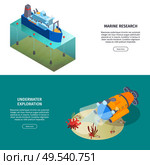 Isometric water transport horizontal banners collection with deep submergence vehicle and research vessel with editable text vector illustration. Стоковая иллюстрация, агентство Ingram Publishing / Фотобанк Лори