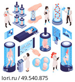 Isometric human cloning dna research science laboratory set with isolated icons of test tubes human characters vector illustration. Стоковая иллюстрация, агентство Ingram Publishing / Фотобанк Лори