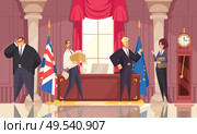 Presidential workplace interior flat cartoon composition of work moment with chief of staff secretary security vector illustration. Стоковая иллюстрация, агентство Ingram Publishing / Фотобанк Лори